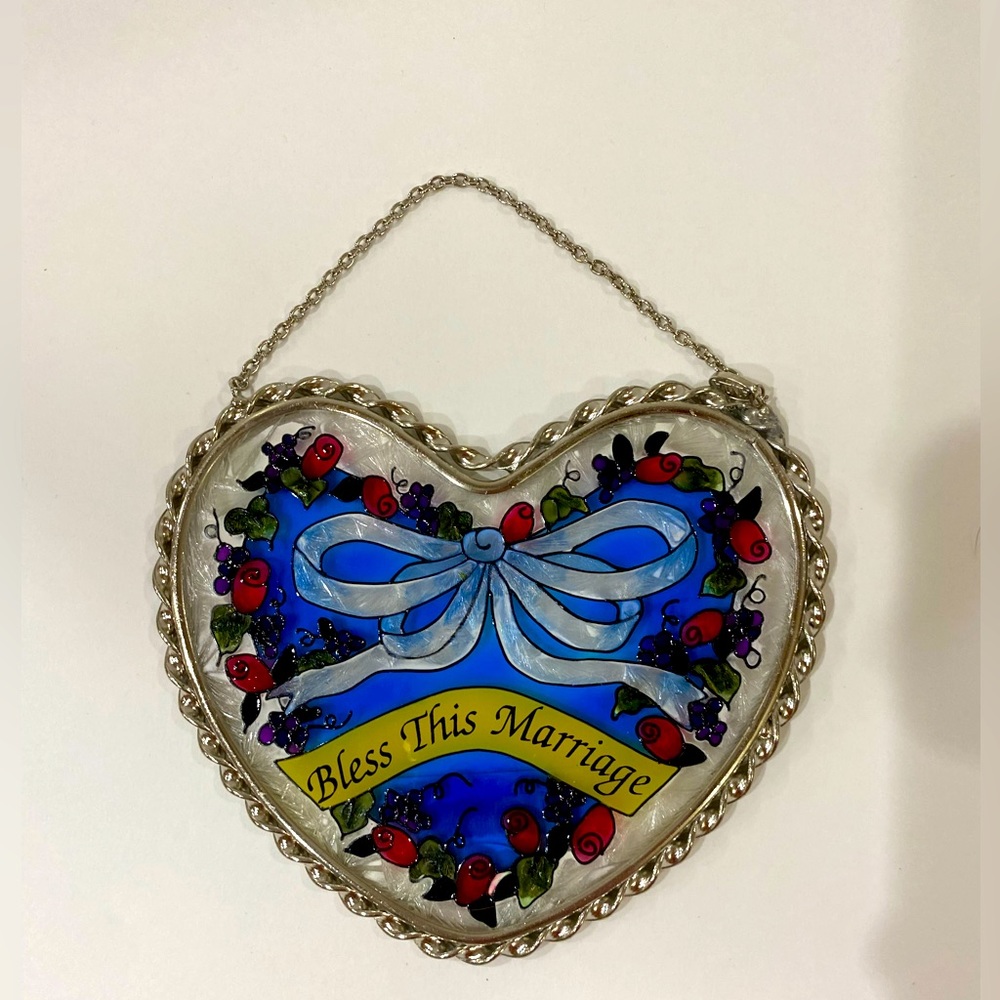 Hanging glass shaped heart “Bless this Marriage”